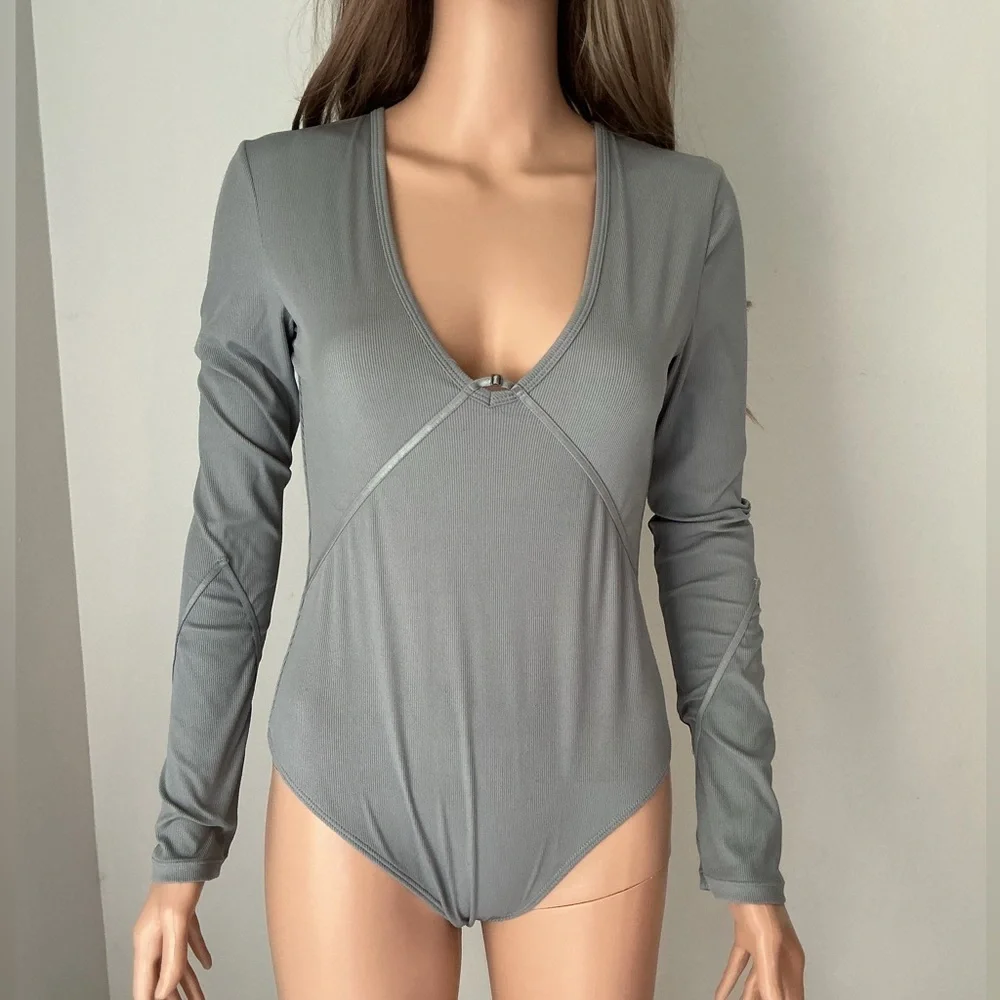 Free People Light Blue Long Sleeve Bodysuit